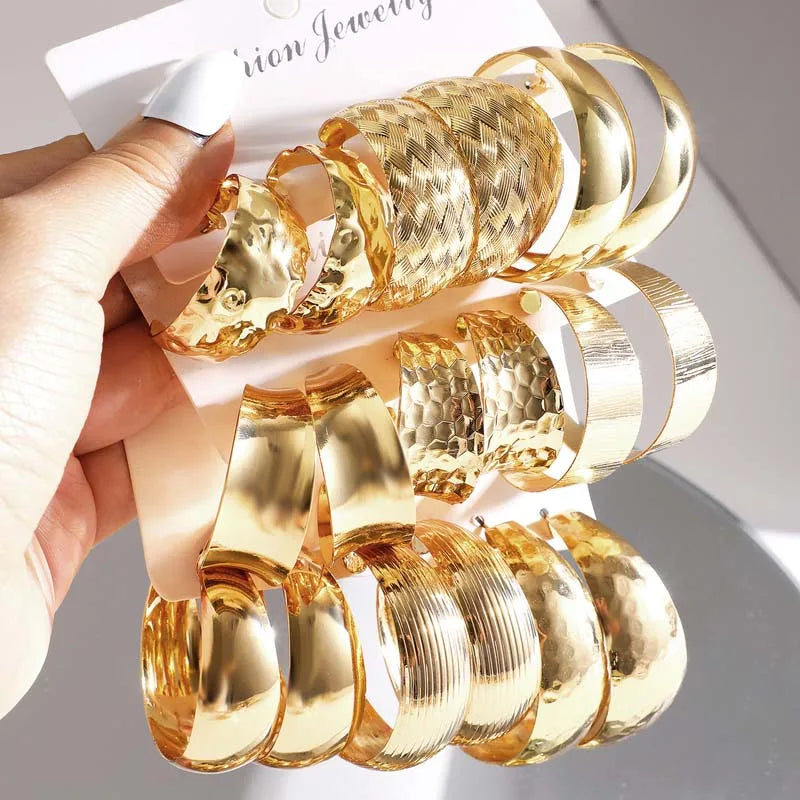 6Pcs/Set Vintage Gold Color Big Circle Hoop Earring Set for Women Exaggerated Metal Geometric Dangle Earrings Jewelry Gifts