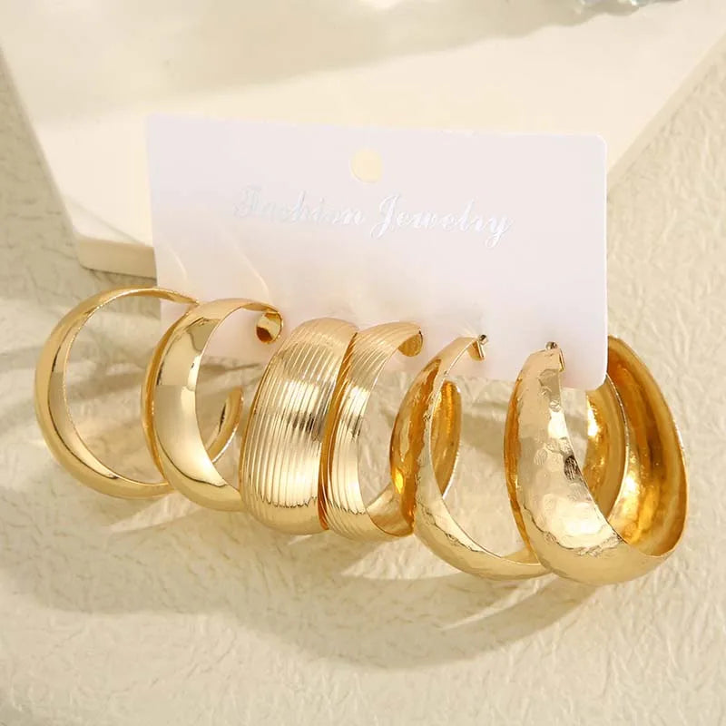 6Pcs/Set Vintage Gold Color Big Circle Hoop Earring Set for Women Exaggerated Metal Geometric Dangle Earrings Jewelry Gifts
