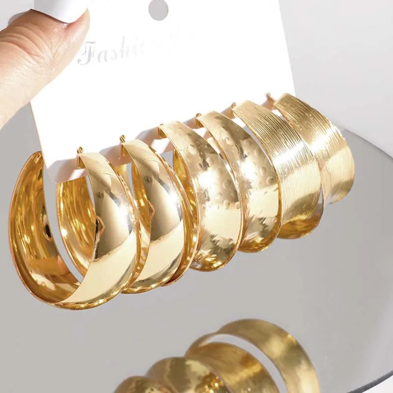6Pcs/Set Vintage Gold Color Big Circle Hoop Earring Set for Women Exaggerated Metal Geometric Dangle Earrings Jewelry Gifts