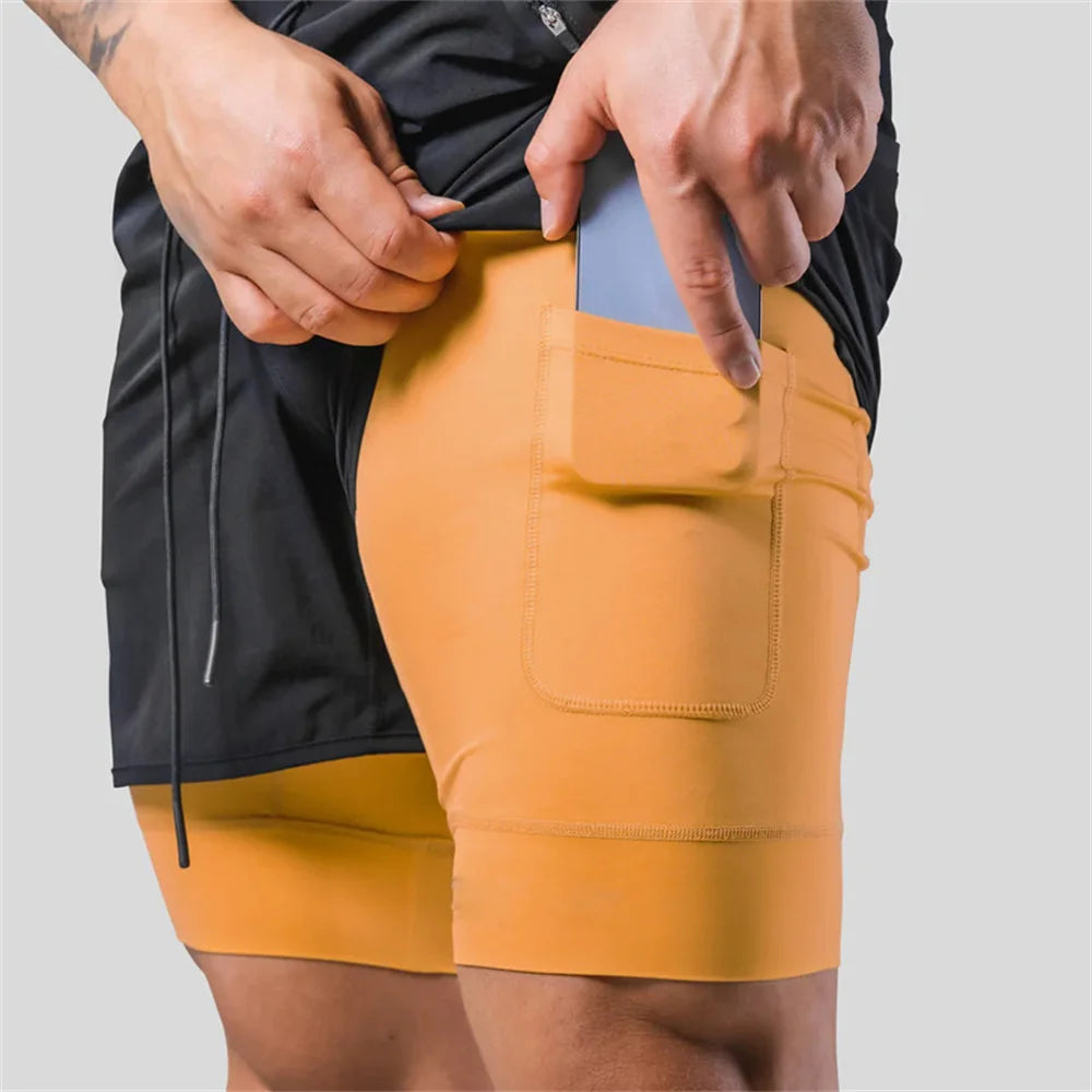 2 in 1 Running Sports Shorts Men Jogging Sportswear Gym Fitness Bodybuilding Quick Dry Pants Male Summer Training Beach Bottoms
