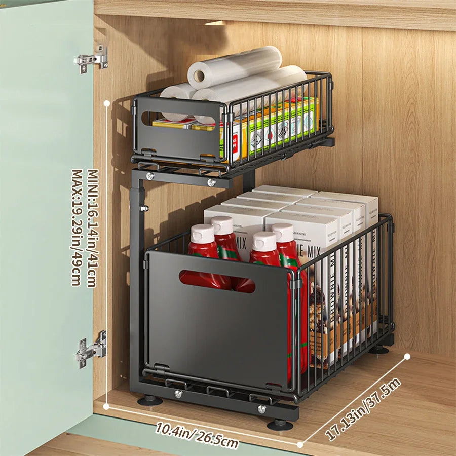 Pull-Out Under Sink Organizer, 2-Tier Adjustable Height Sliding Shelf for Kitchen/Bathroom Cabinet Storage, Black & White