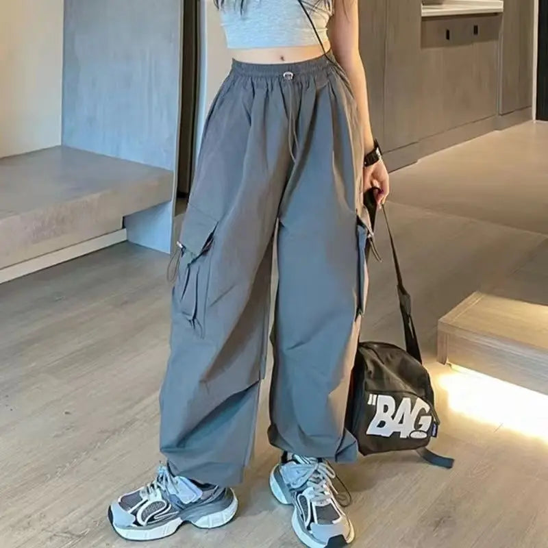 5-14Y Kids Hip Hop Joggers Pants Girls Cargo Pants Teenage Straight Trousers High Waist Vintage Casual Streetwear Baggy Pants
