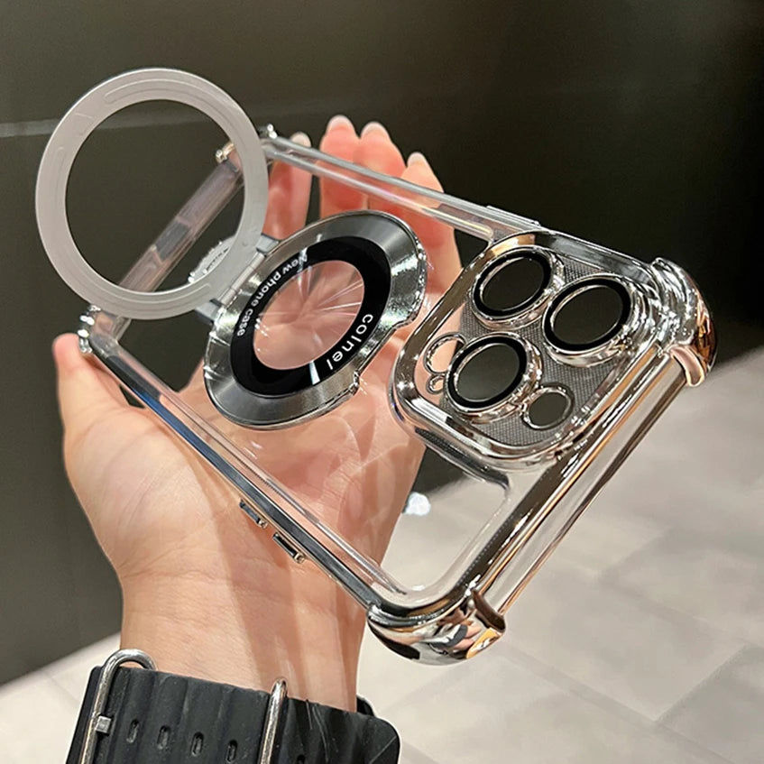Luxury Plating Shockproof Magnetic Bracket For Magsafe Clear Case For iPhone 15 16 14 13 12 17 Pro Max With Holder Stand Cover