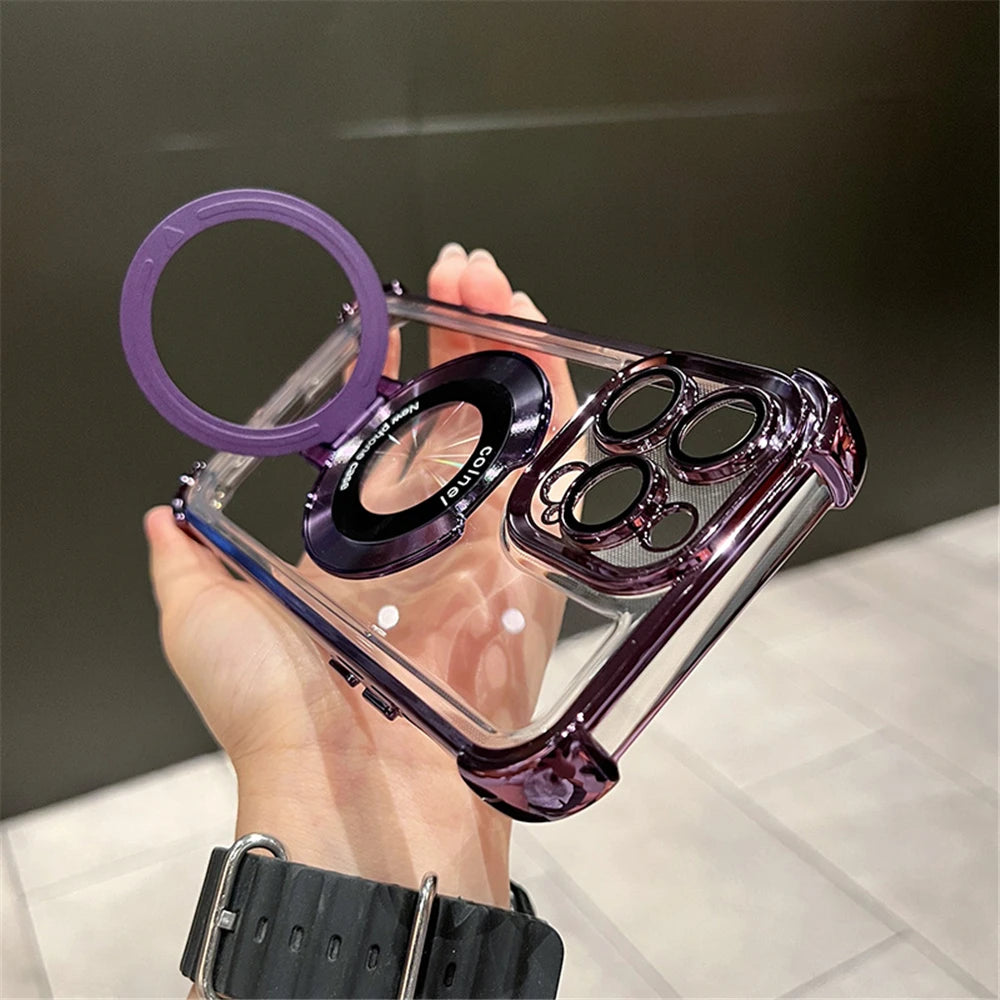 Luxury Plating Shockproof Magnetic Bracket For Magsafe Clear Case For iPhone 15 16 14 13 12 17 Pro Max With Holder Stand Cover