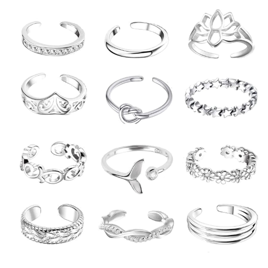 12Pcs Foot Ring Open Toe Rings Rose Gold/Silver/Gold Color Alloy Adjustable Rings Set for Women Summer Beach Foot Jewelry