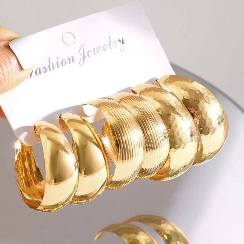 6Pcs/Set Vintage Gold Color Big Circle Hoop Earring Set for Women Exaggerated Metal Geometric Dangle Earrings Jewelry Gifts