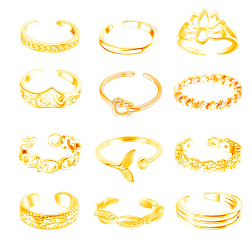 12Pcs Foot Ring Open Toe Rings Rose Gold/Silver/Gold Color Alloy Adjustable Rings Set for Women Summer Beach Foot Jewelry