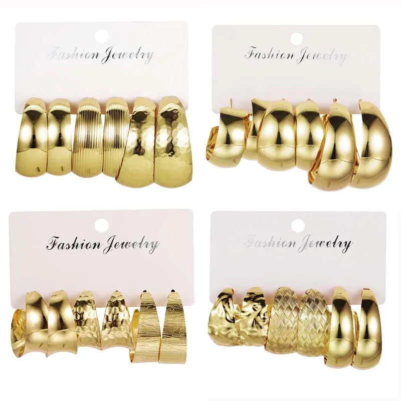 6Pcs/Set Vintage Gold Color Big Circle Hoop Earring Set for Women Exaggerated Metal Geometric Dangle Earrings Jewelry Gifts