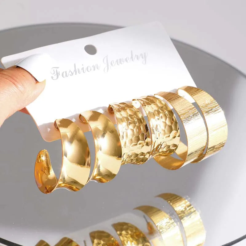 6Pcs/Set Vintage Gold Color Big Circle Hoop Earring Set for Women Exaggerated Metal Geometric Dangle Earrings Jewelry Gifts